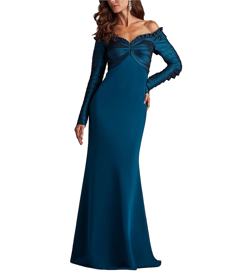 Tadashi Shoji Off-the-Shoulder Pleated Taffeta Crepe Gown