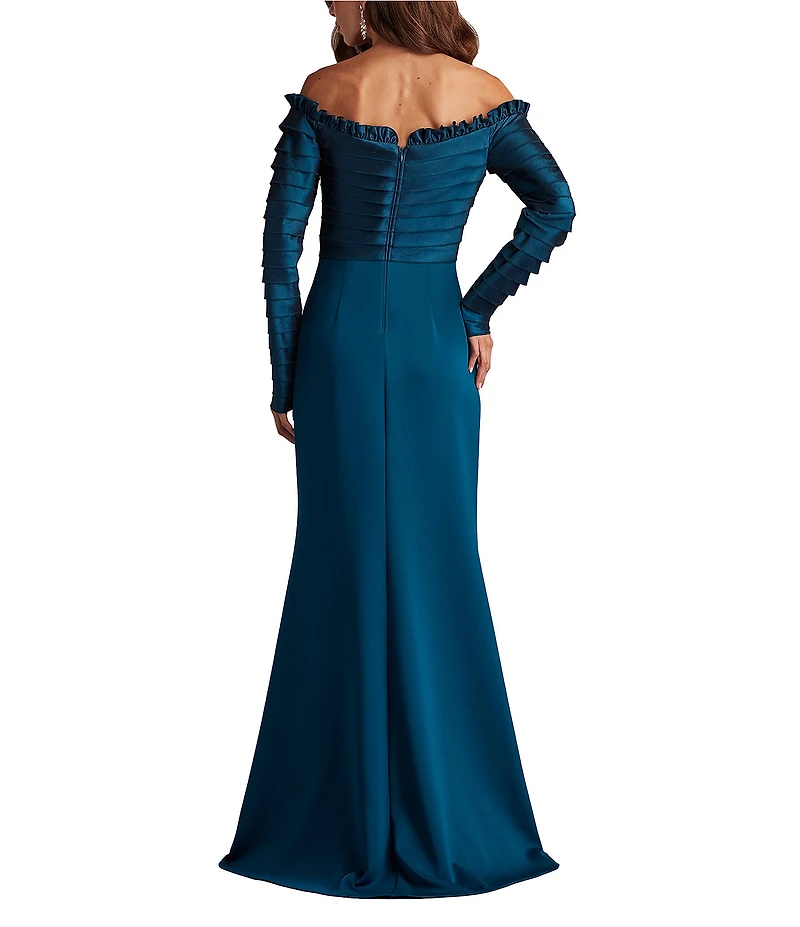 Tadashi Shoji Off-the-Shoulder Pleated Taffeta Crepe Gown