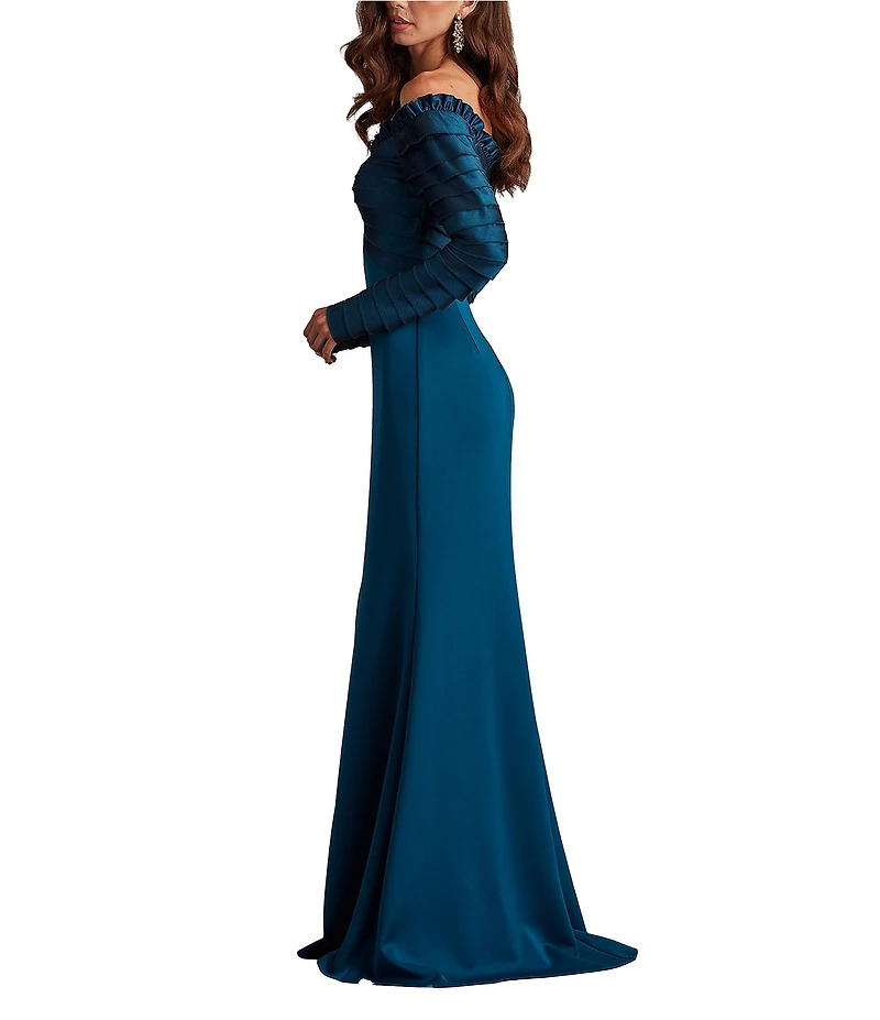 Tadashi Shoji Off-the-Shoulder Pleated Taffeta Crepe Gown