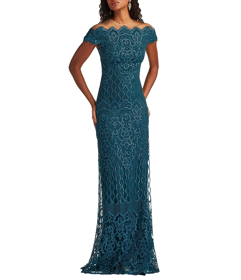 Tadashi Shoji Off-The-Shoulder Scalloped Neck Embroidered Corded Sequin Gown