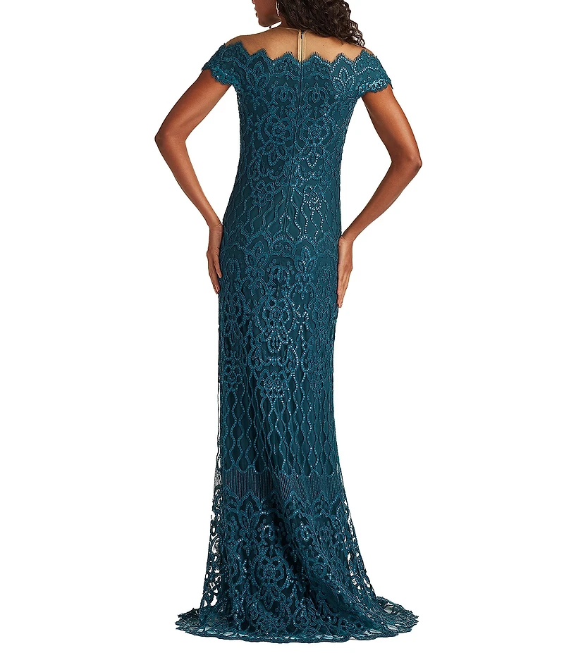 Tadashi Shoji Off-The-Shoulder Scalloped Neck Embroidered Corded Sequin Gown
