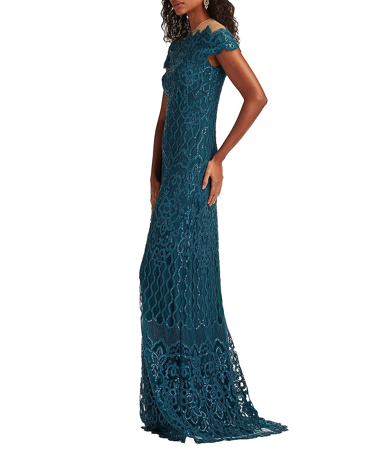Tadashi Shoji Off-The-Shoulder Scalloped Neck Embroidered Corded Sequin Gown