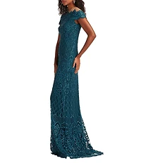Tadashi Shoji Off-The-Shoulder Scalloped Neck Embroidered Corded Sequin Gown