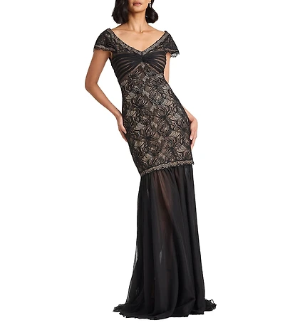 Tadashi Shoji Off the Shoulder Short Sleeve Embroidered Lace Long Dress