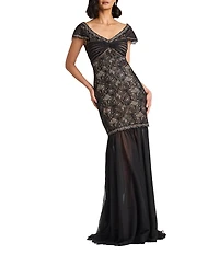 Tadashi Shoji Off the Shoulder Short Sleeve Embroidered Lace Long Dress