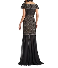 Tadashi Shoji Off the Shoulder Short Sleeve Embroidered Lace Long Dress