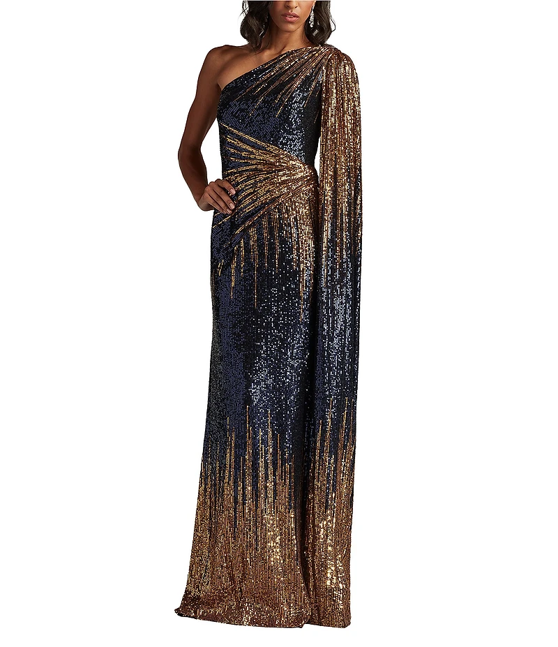 Tadashi Shoji Ombre Sequin One Shoulder Cap Sleeve Mermaid Gown