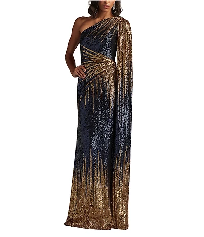 Tadashi Shoji Ombre Sequin One Shoulder Cap Sleeve Mermaid Gown