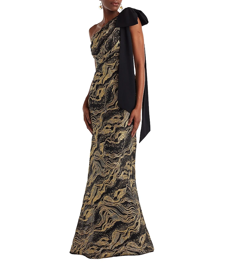 Tadashi Shoji One Bow Shoulder Metallic Jacquard Mermaid Gown
