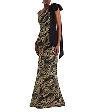 Tadashi Shoji One Bow Shoulder Metallic Jacquard Mermaid Gown