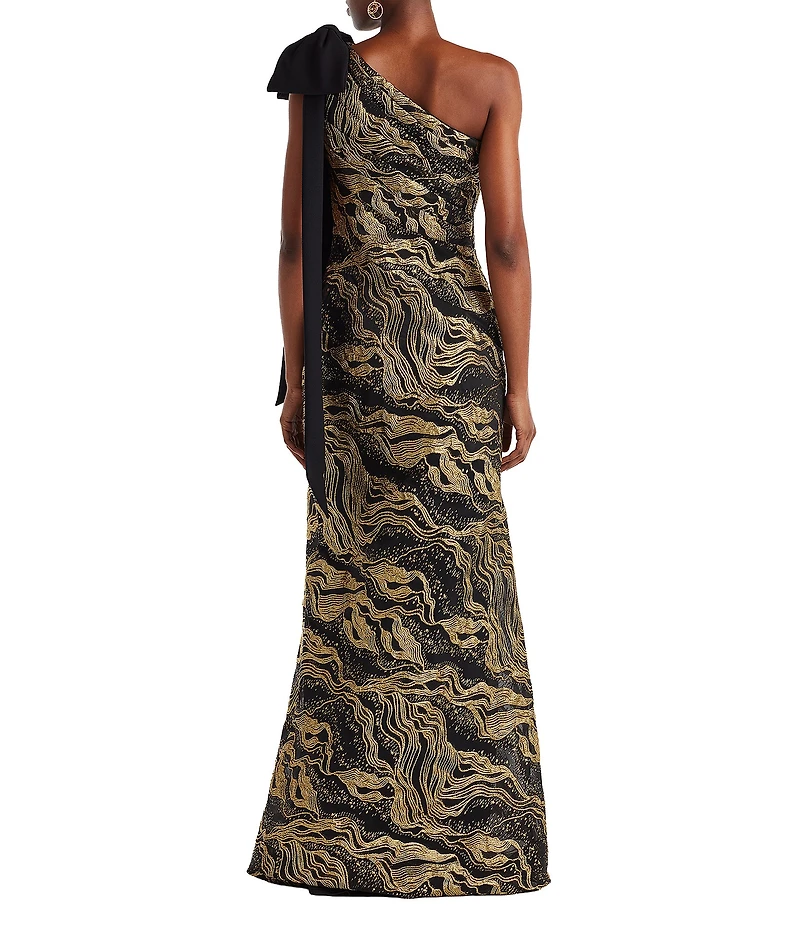 Tadashi Shoji One Bow Shoulder Metallic Jacquard Mermaid Gown