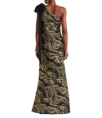 Tadashi Shoji One Bow Shoulder Metallic Jacquard Mermaid Gown