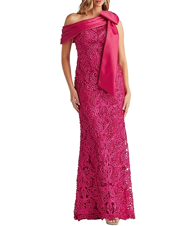 Tadashi Shoji One Shoulder Bow Taffeta Corded Lace Gown