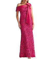Tadashi Shoji One Shoulder Bow Taffeta Corded Lace Gown