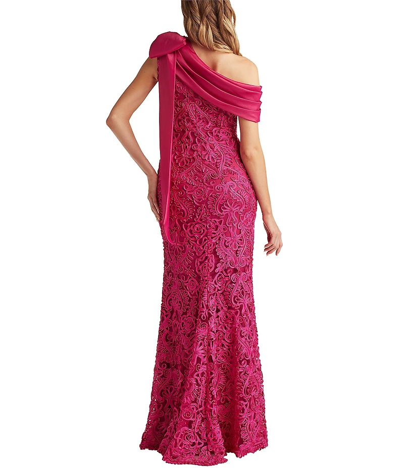 Tadashi Shoji One Shoulder Bow Taffeta Corded Lace Gown