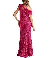 Tadashi Shoji One Shoulder Bow Taffeta Corded Lace Gown