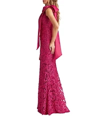 Tadashi Shoji One Shoulder Bow Taffeta Corded Lace Gown