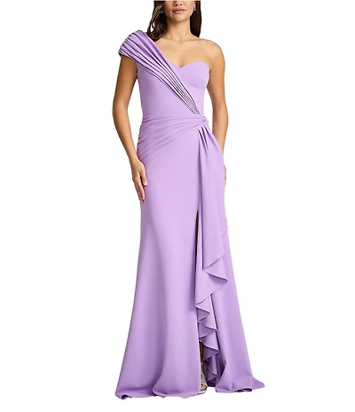 Tadashi Shoji One Shoulder Contrast Drape Front Crepe Sheath Gown