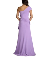 Tadashi Shoji One Shoulder Contrast Drape Front Crepe Sheath Gown