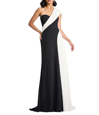 Tadashi Shoji One Shoulder Draped Neck Textured Crepe Gown
