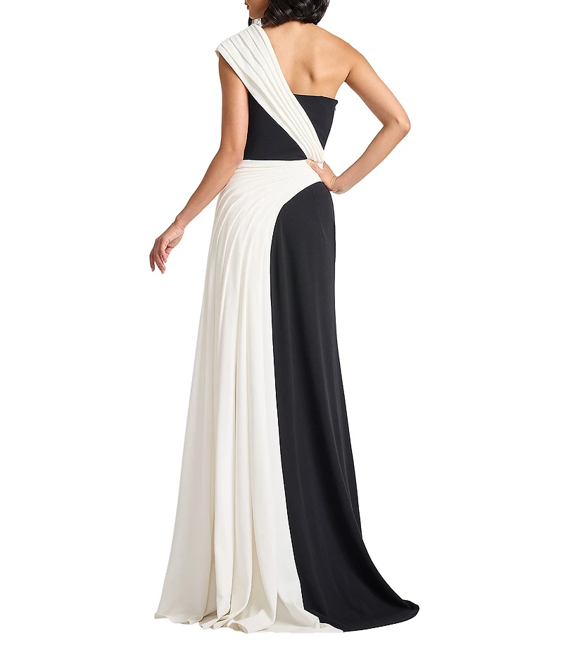 Tadashi Shoji One Shoulder Draped Neck Textured Crepe Gown