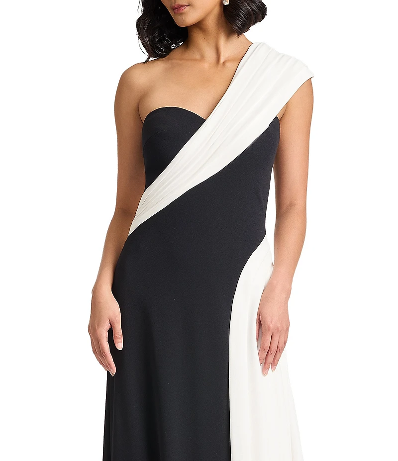 Tadashi Shoji One Shoulder Draped Neck Textured Crepe Gown