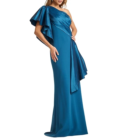 Tadashi Shoji One Shoulder Draped Taffeta Crepe Gown