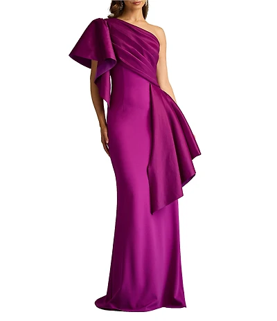 Tadashi Shoji One Shoulder Draped Taffeta Crepe Gown
