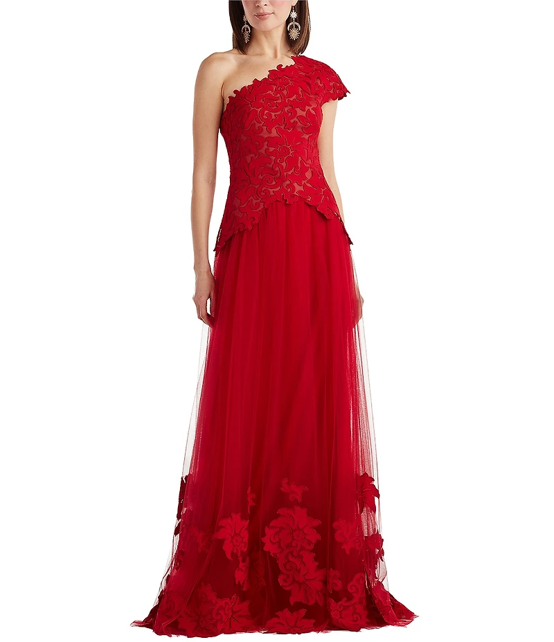 Tadashi Shoji One Shoulder Lace Floral Applique Bodice Tulle Gown