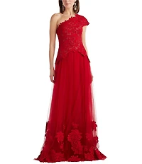 Tadashi Shoji One Shoulder Lace Floral Applique Bodice Tulle Gown