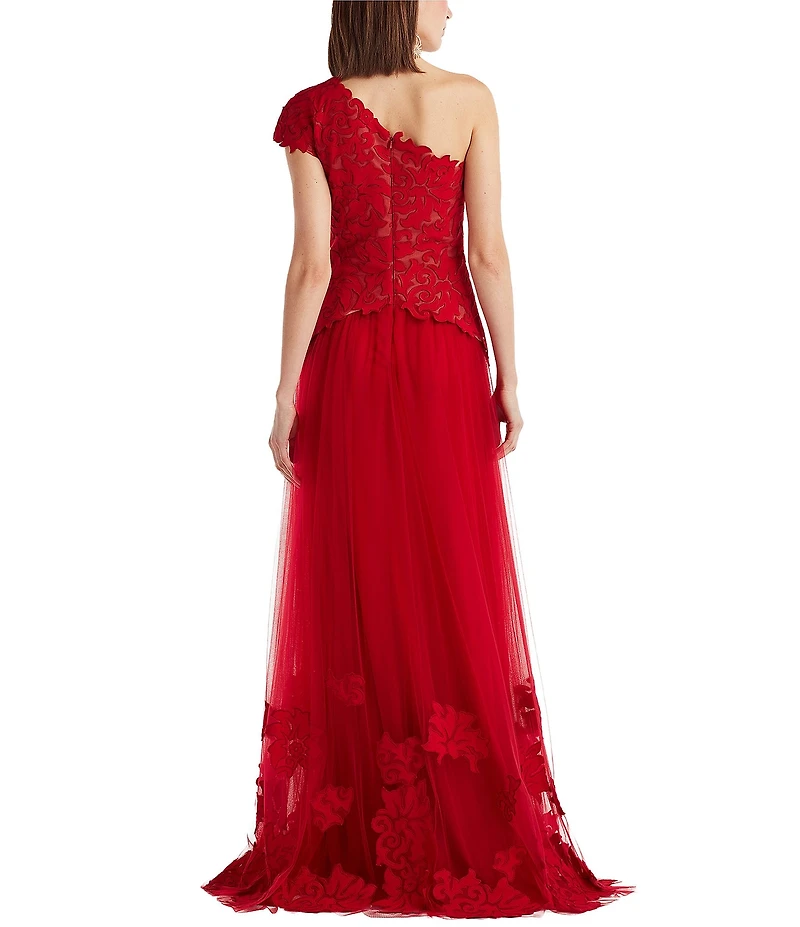 Tadashi Shoji One Shoulder Lace Floral Applique Bodice Tulle Gown