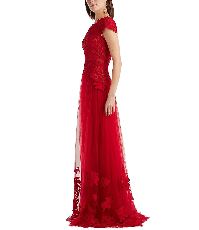 Tadashi Shoji One Shoulder Lace Floral Applique Bodice Tulle Gown