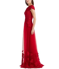 Tadashi Shoji One Shoulder Lace Floral Applique Bodice Tulle Gown
