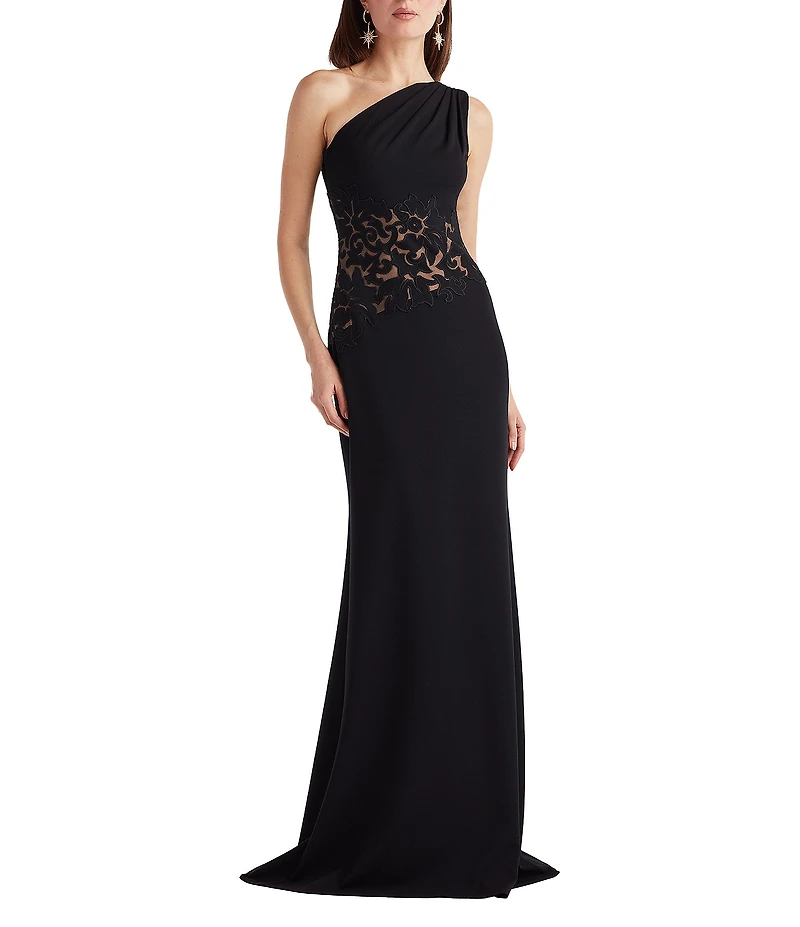 Tadashi Shoji One Shoulder Lace Inset Crepe Gown