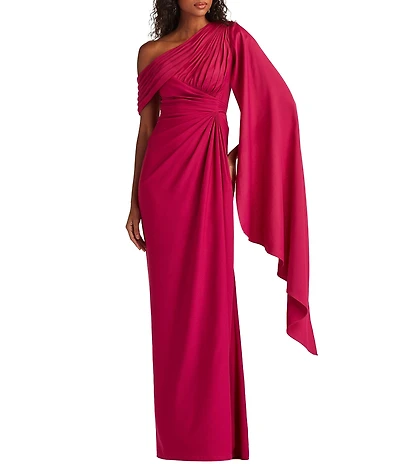 Tadashi Shoji One Shoulder Scarf Sleeve Side Twist Crepe Sheath Gown