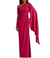 Tadashi Shoji One Shoulder Scarf Sleeve Side Twist Crepe Sheath Gown