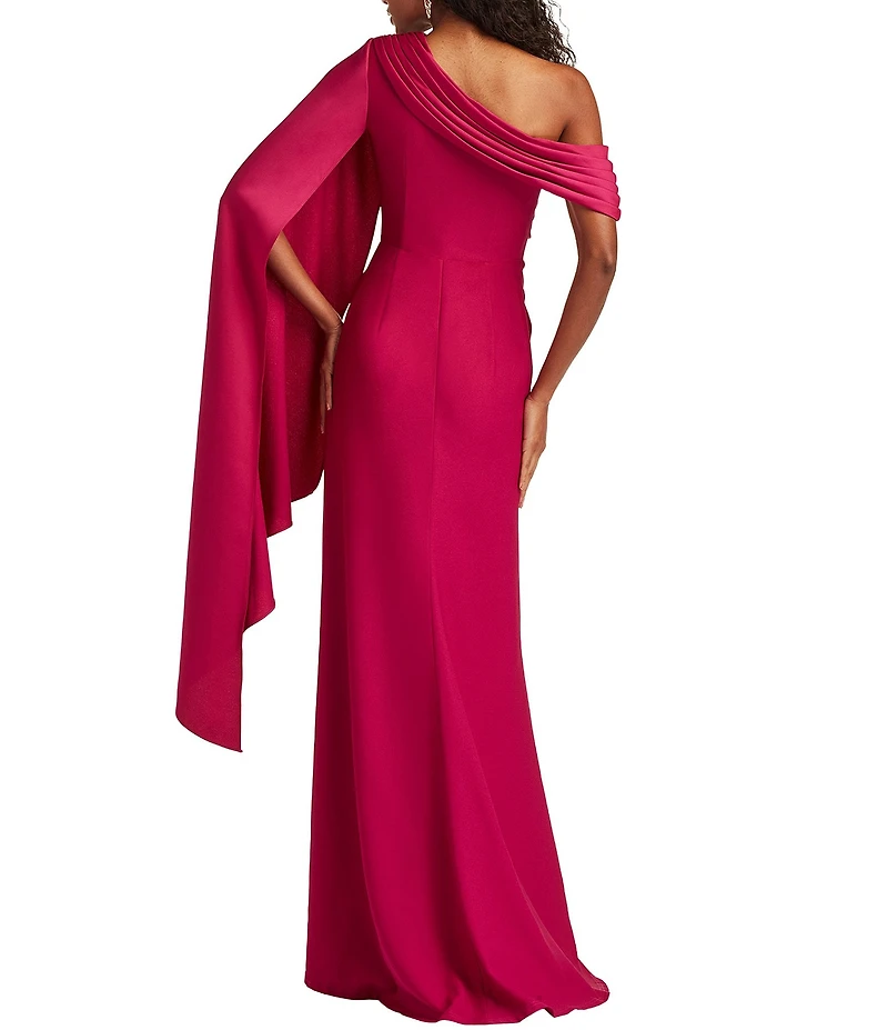 Tadashi Shoji One Shoulder Scarf Sleeve Side Twist Crepe Sheath Gown
