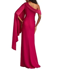 Tadashi Shoji One Shoulder Scarf Sleeve Side Twist Crepe Sheath Gown