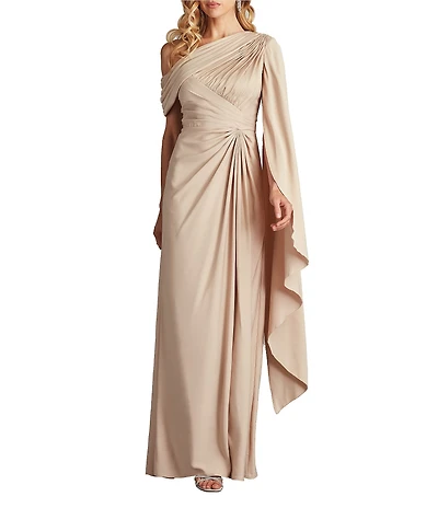 Tadashi Shoji One Shoulder Scarf Sleeve Side Twist Crepe Sheath Gown