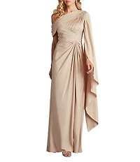 Tadashi Shoji One Shoulder Scarf Sleeve Side Twist Crepe Sheath Gown