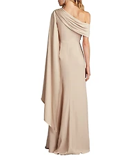 Tadashi Shoji One Shoulder Scarf Sleeve Side Twist Crepe Sheath Gown