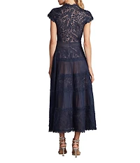 Tadashi Shoji Pleated Lace Scoop Neck Cap Sleeve Embroidered A-Line Gown