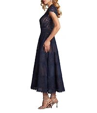 Tadashi Shoji Pleated Lace Scoop Neck Cap Sleeve Embroidered A-Line Gown