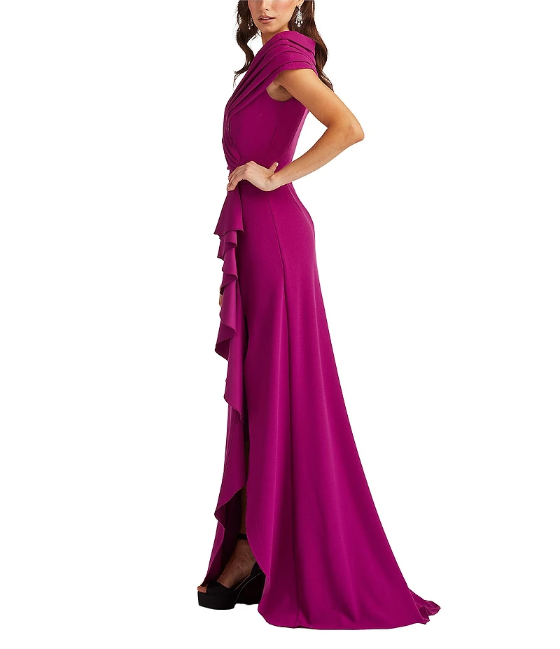 Tadashi Shoji Pleated Portrait Collar Ruffle Front Crepe Sheath Gown