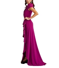 Tadashi Shoji Pleated Portrait Collar Ruffle Front Crepe Sheath Gown