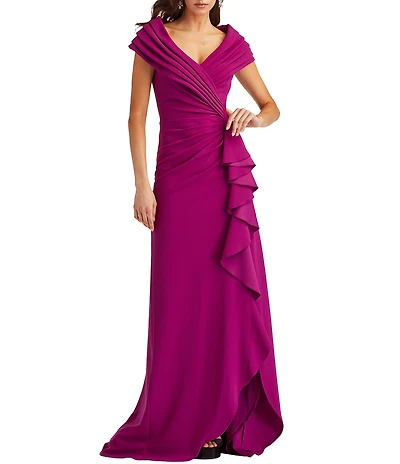 Tadashi Shoji Pleated Portrait Collar Ruffle Front Crepe Sheath Gown