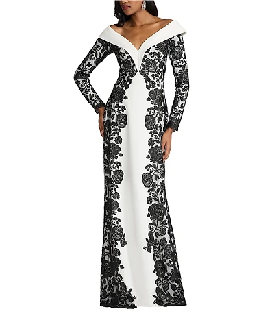 Tadashi Shoji Portrait Collar Long Sleeve Embroidered Lace Textured Crepe Gown