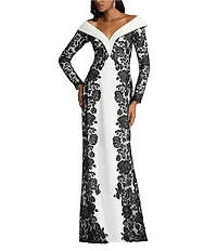 Tadashi Shoji Portrait Collar Long Sleeve Embroidered Lace Textured Crepe Gown