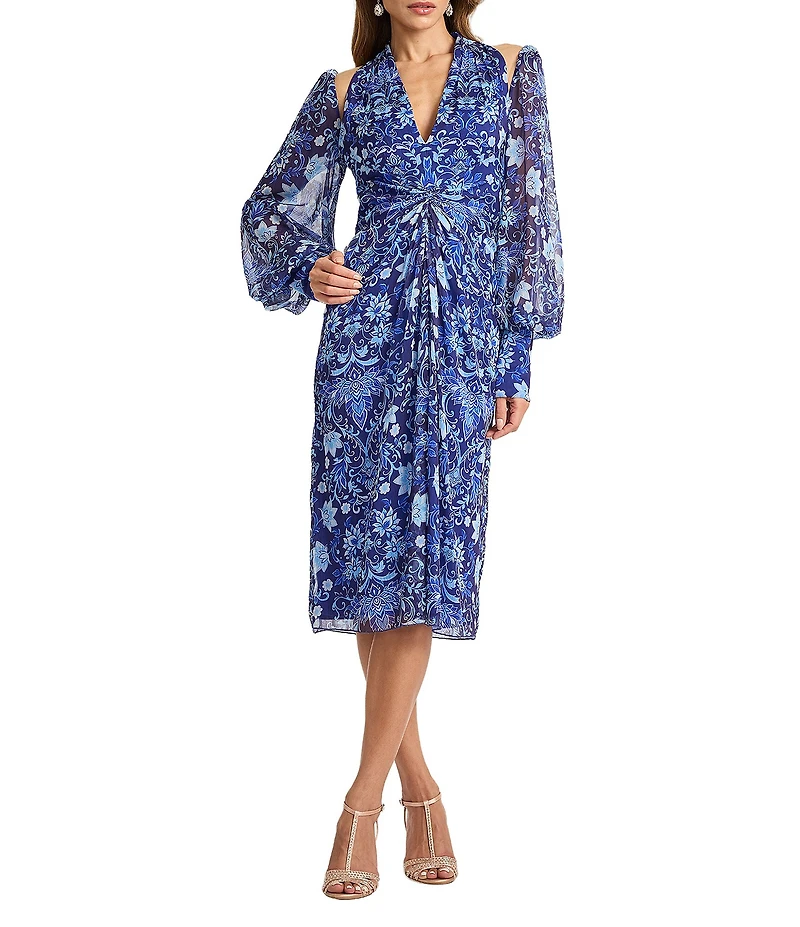 Tadashi Shoji Printed Long Sleeve Chiffon Midi Dress