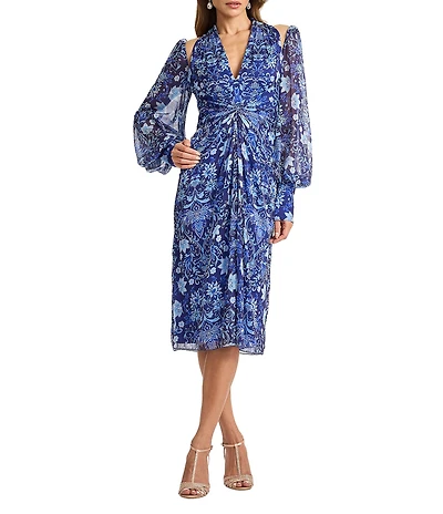 Tadashi Shoji Printed Long Sleeve Chiffon Midi Dress